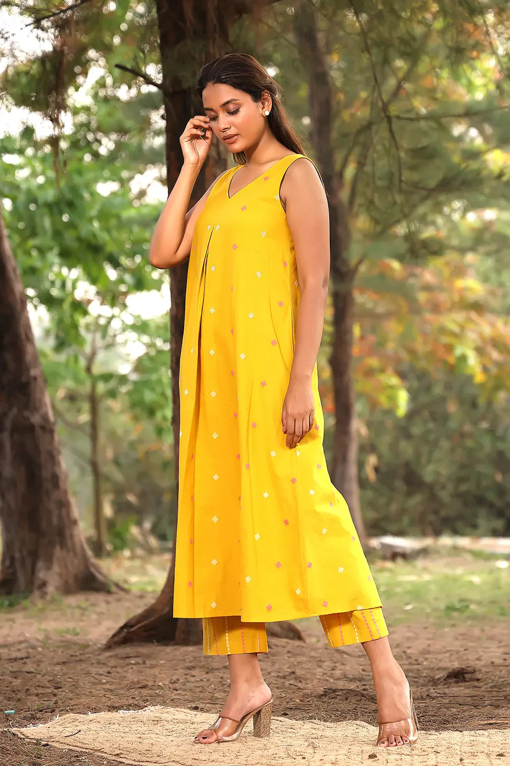 Elegant Yellow Pure Cotton Kurta Pant Set with Woven Pink White Motifs for Festive Wear