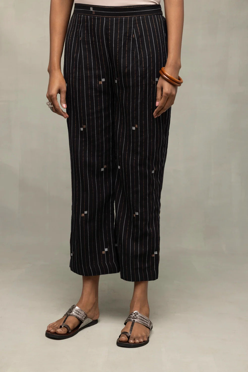Full Length View of Black Jamdani Co-ord Set with Metallic Bronze Silver Motifs