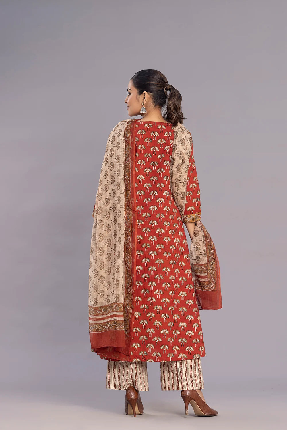 Full Length View of Maroon Hand Block Print Kurta Set with Dupatta