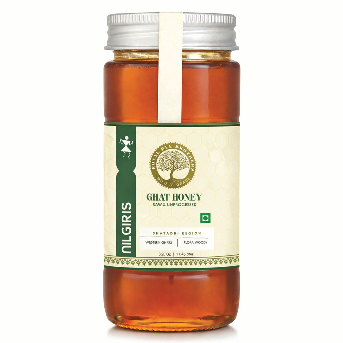 Bottle of Ghat Honey with a label on a white background