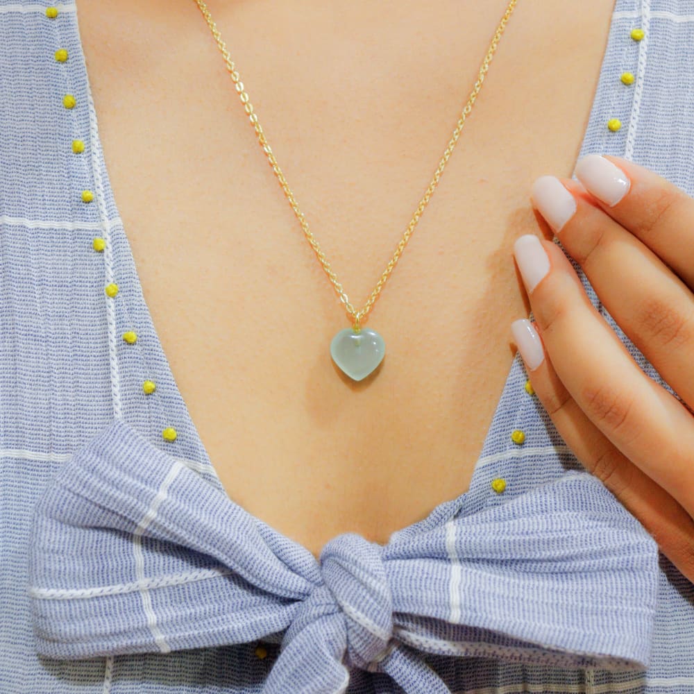 Green Chalcedony Stone Pendant with Chain - Golden Chain -