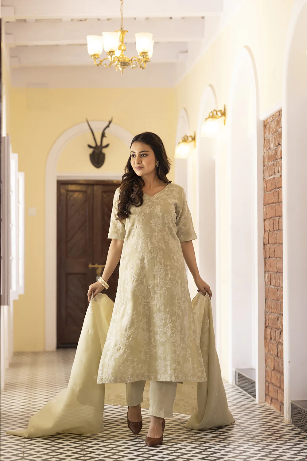 Green Essence Linen Embroidered Kurta Set with Dupatta