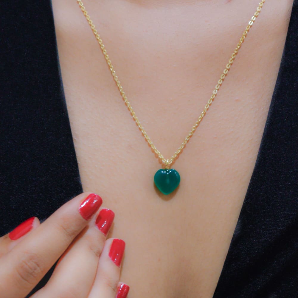 Green Jade Stone Pendant with Chain - Golden Chain -