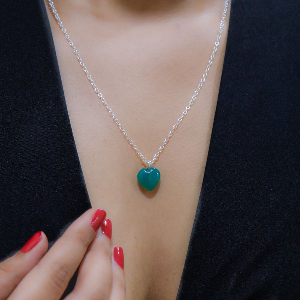 Green Jade Stone Pendant with Chain - Silver Chain -