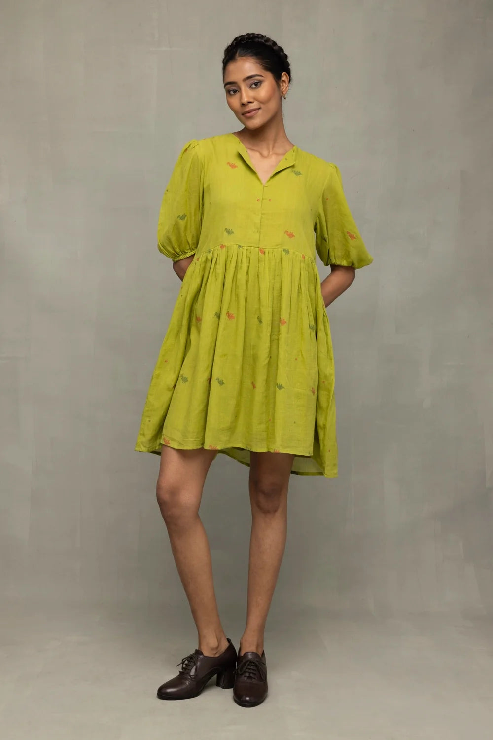 Green Pakhi Pure Cotton Jamdani Dress