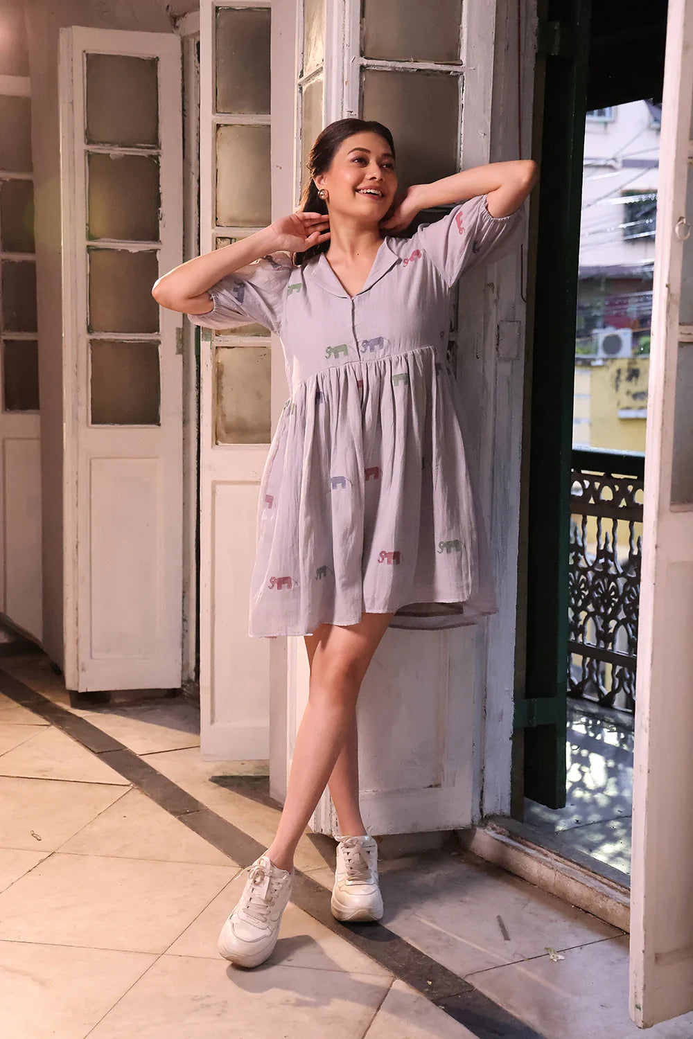 Grey Safari Cotton Jamdani Dress