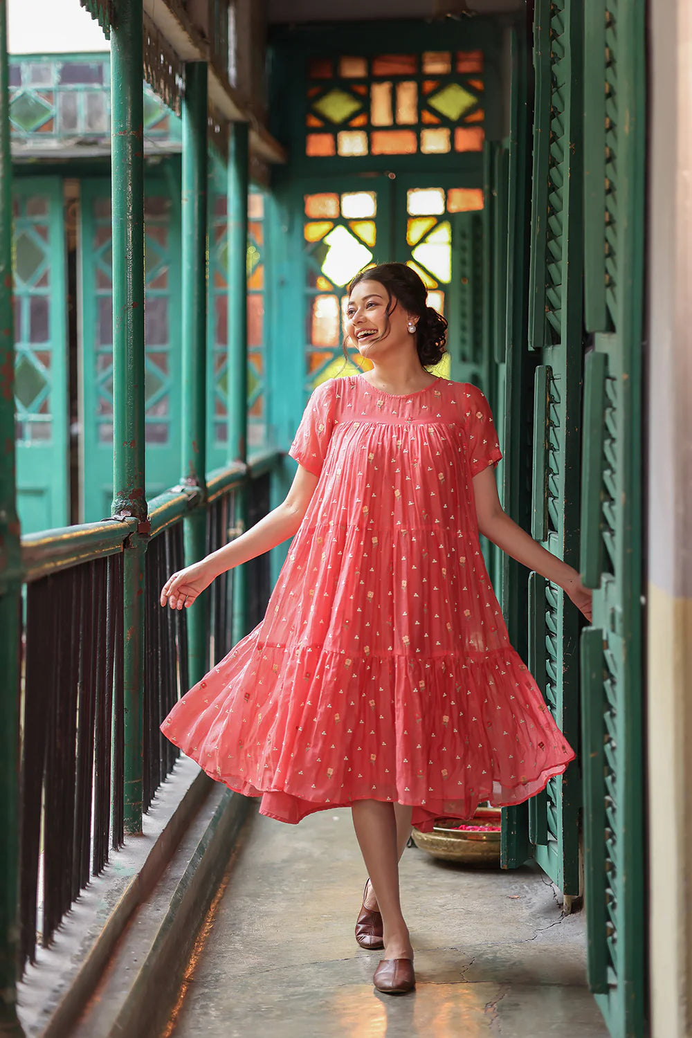 Handcrafted peach echo
Embroidered Mul Chanderi Dress for Festive Wear