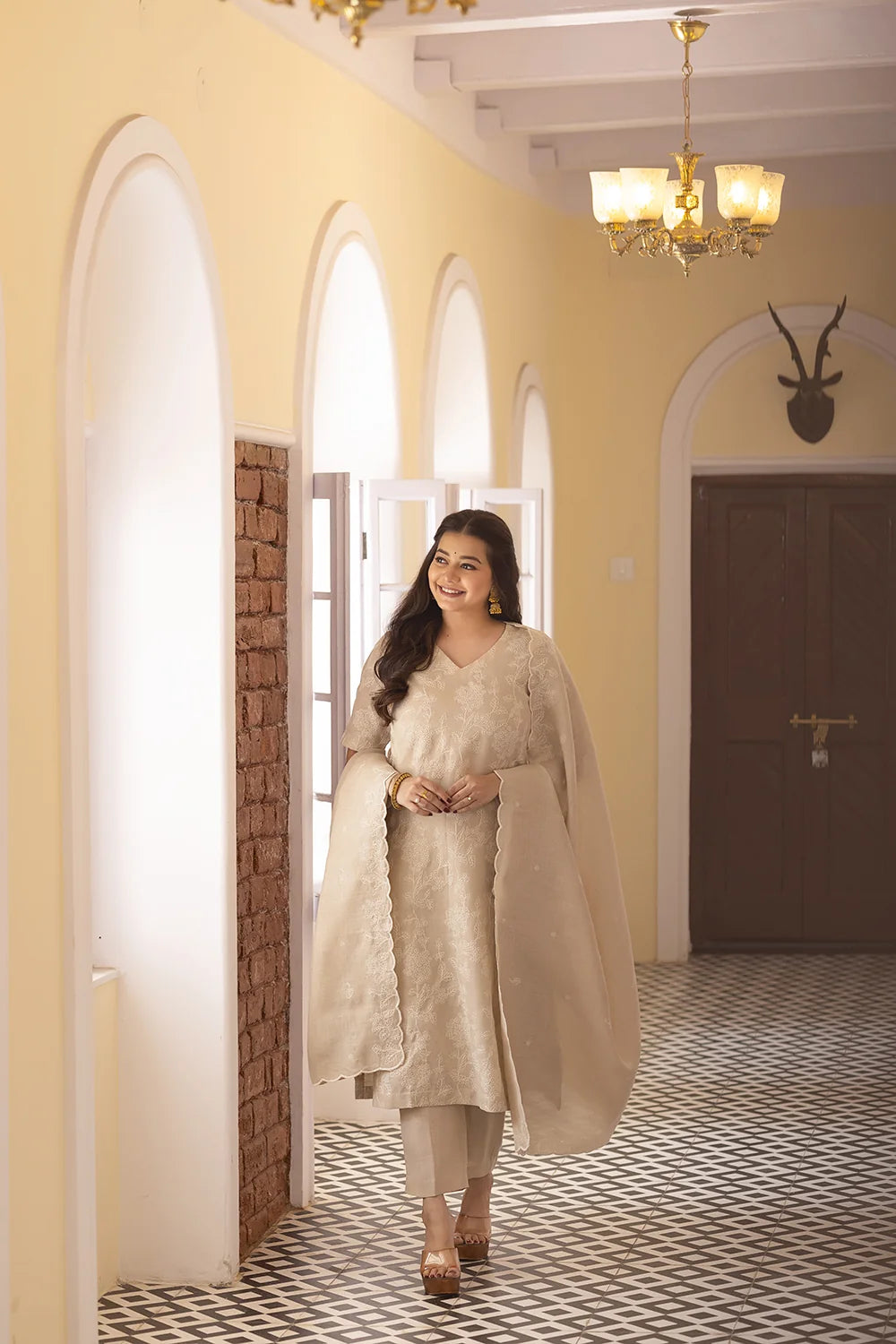 Handcrafted Beige Linen Embroidered Kurta Set with Dupatta