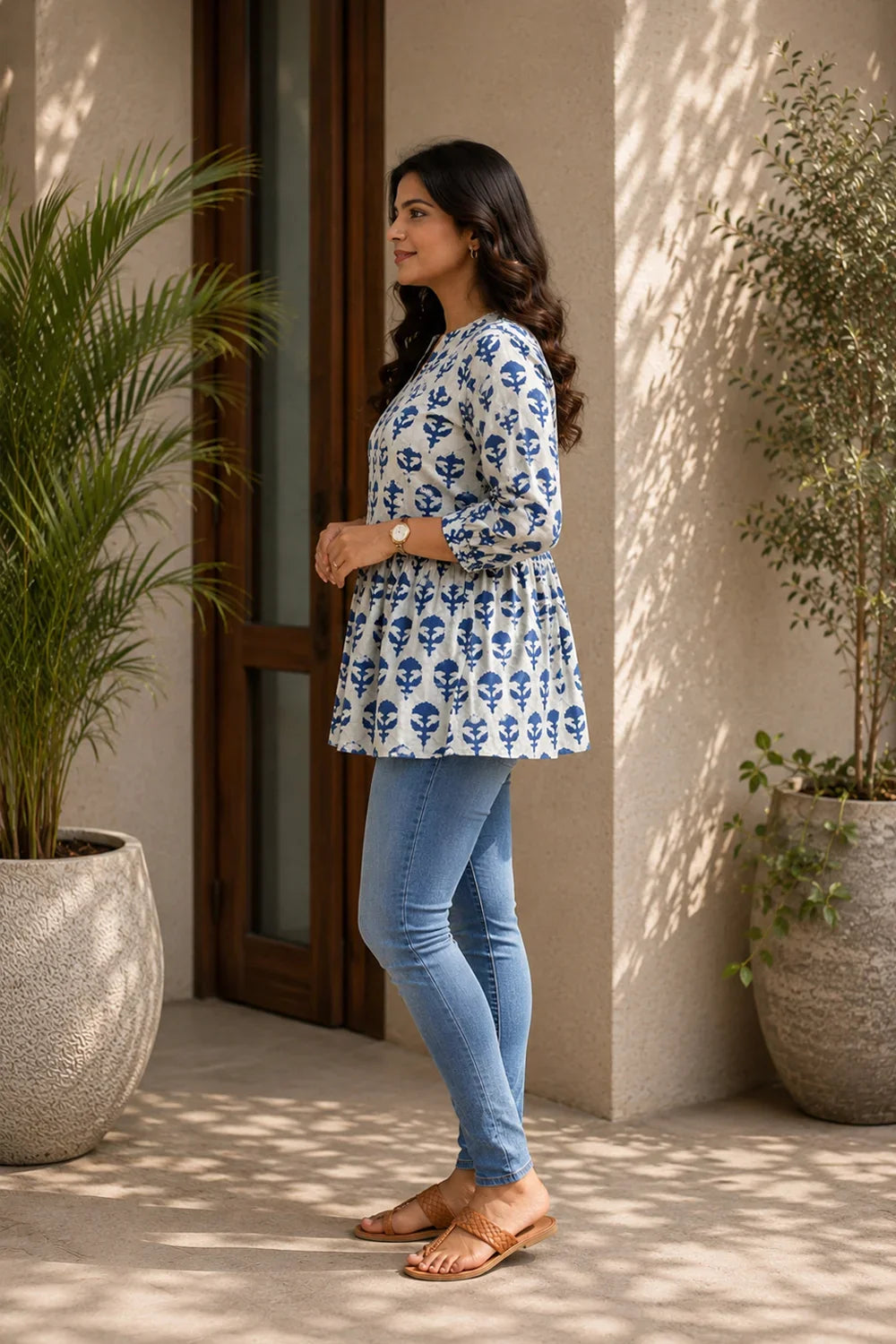 Handcrafted Blue Flower Block Print Cotton Flared Top for Casual Everyday Wear