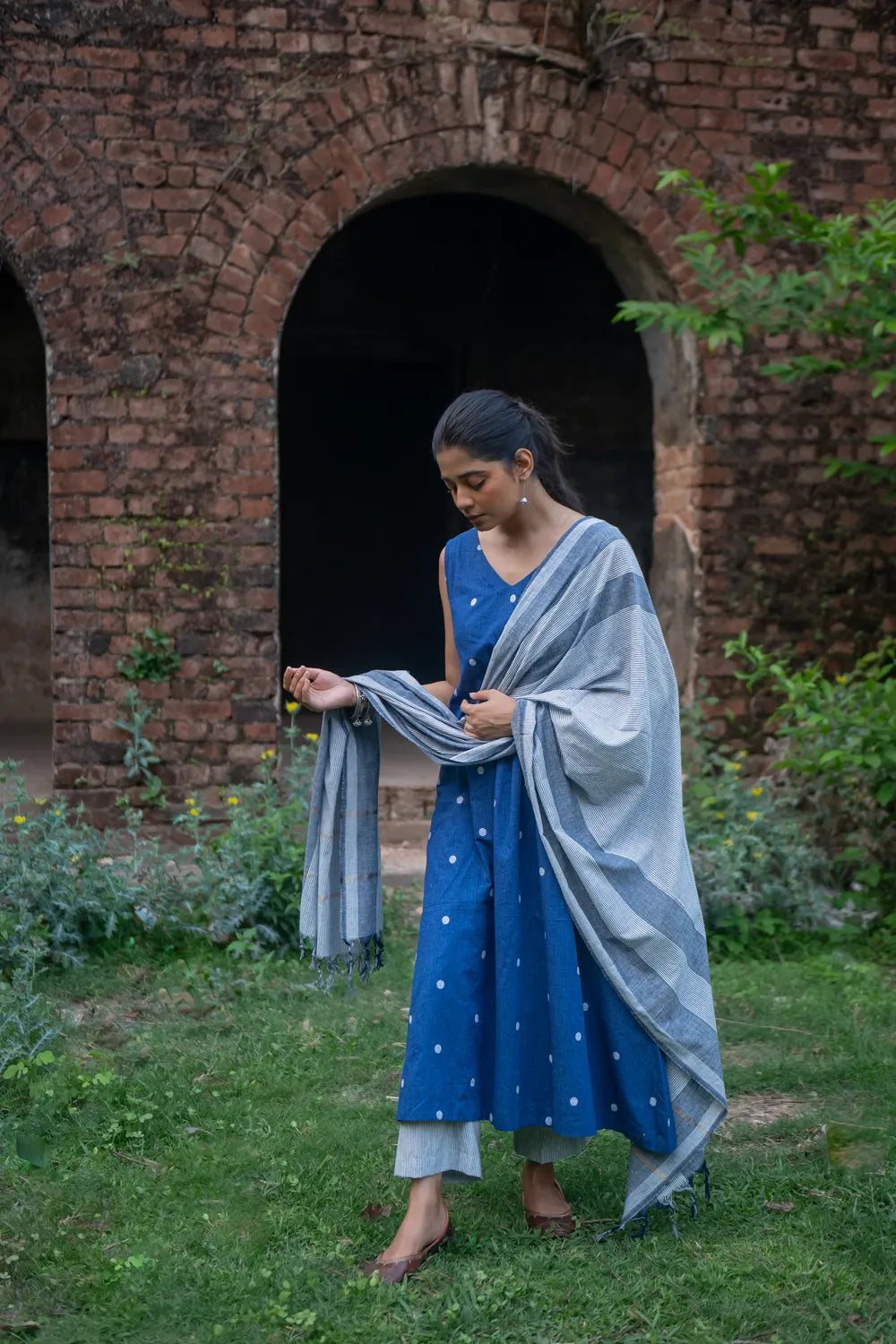 Handcrafted Blue South Cotton Woven Kurta Set with Dupatta for Office Wear