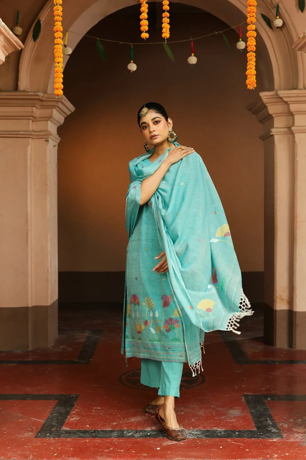 Handcrafted Bottle Green Pure Cotton Jamdani Kurta Set for Office Wear
