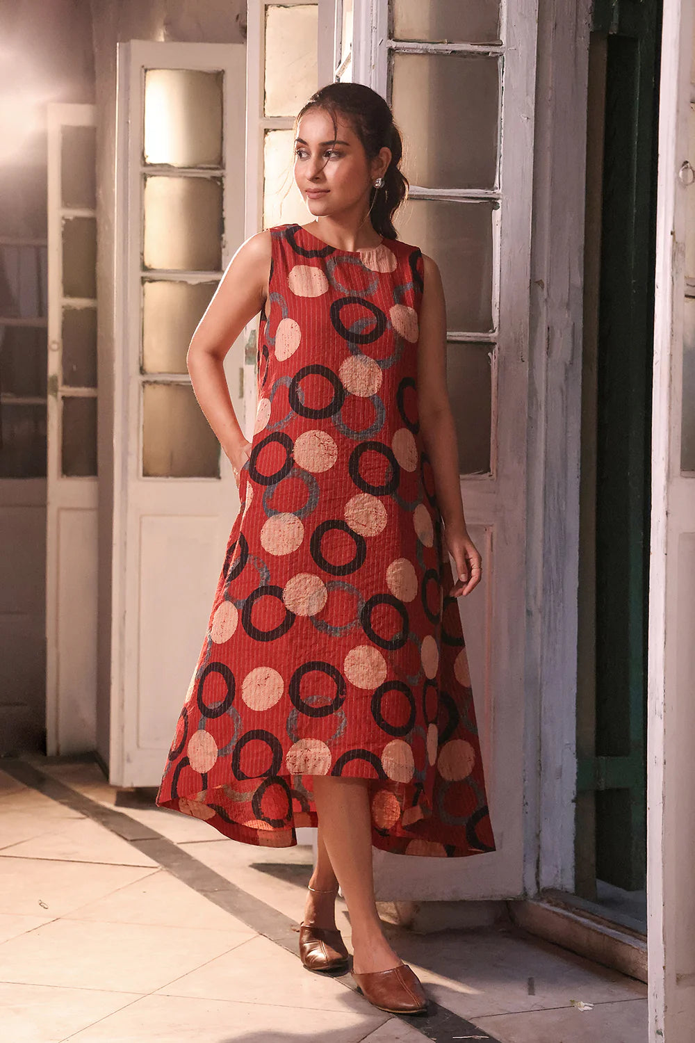 Handcrafted Brick Red Cotton Ajrakh Print Dress for Casual Everyday Wear