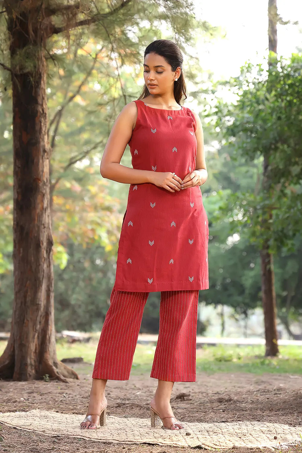 Handcrafted Brick Red Pure Cotton Kurta with Striped Pant Co-ord Set