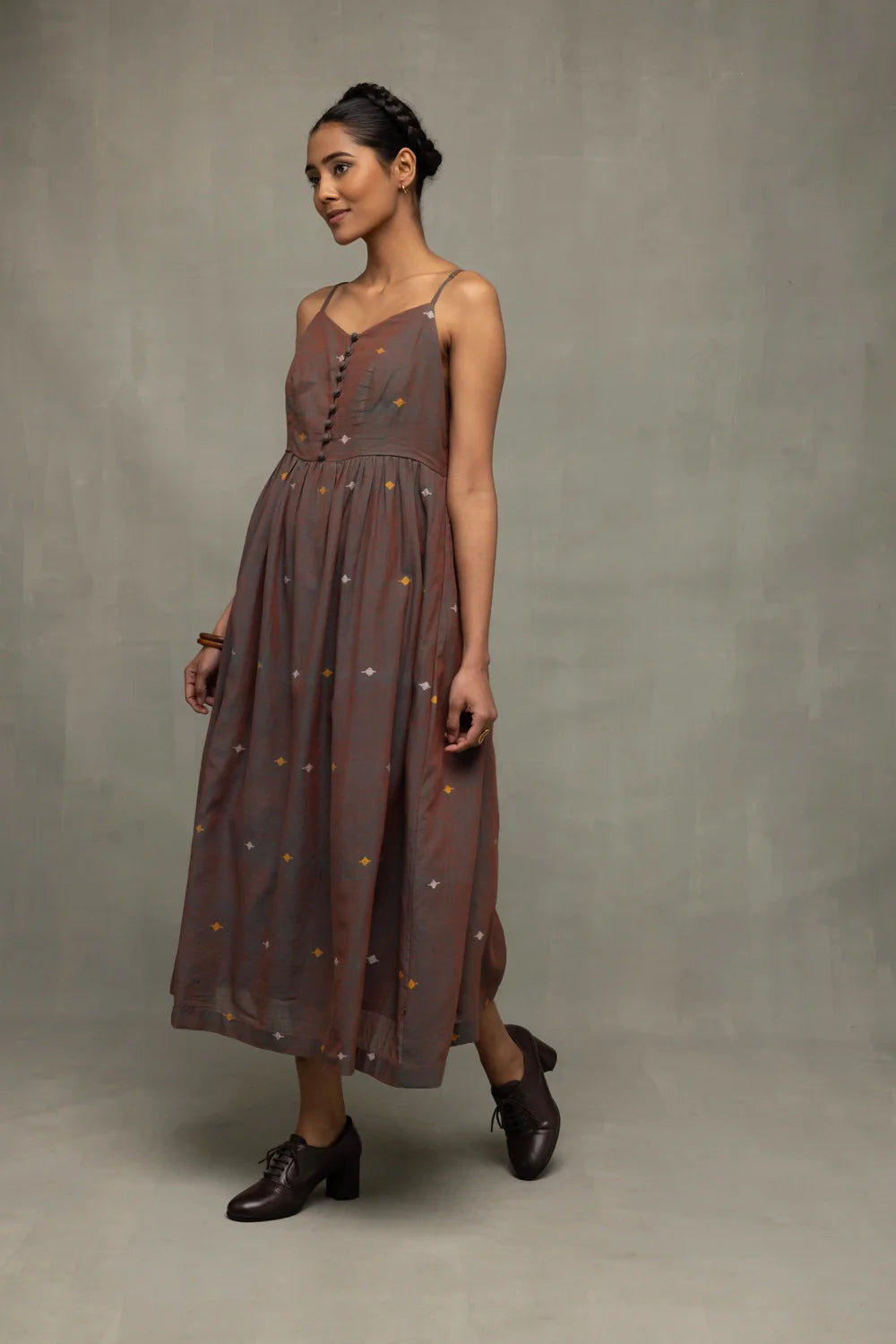 Handcrafted Brown Duo Tone Jamdani Midi Dress for Casual Wear