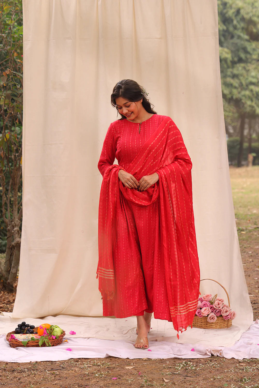 Handcrafted Candy Red Soft Cotton Silk Woven Kurta Set for Office Wear