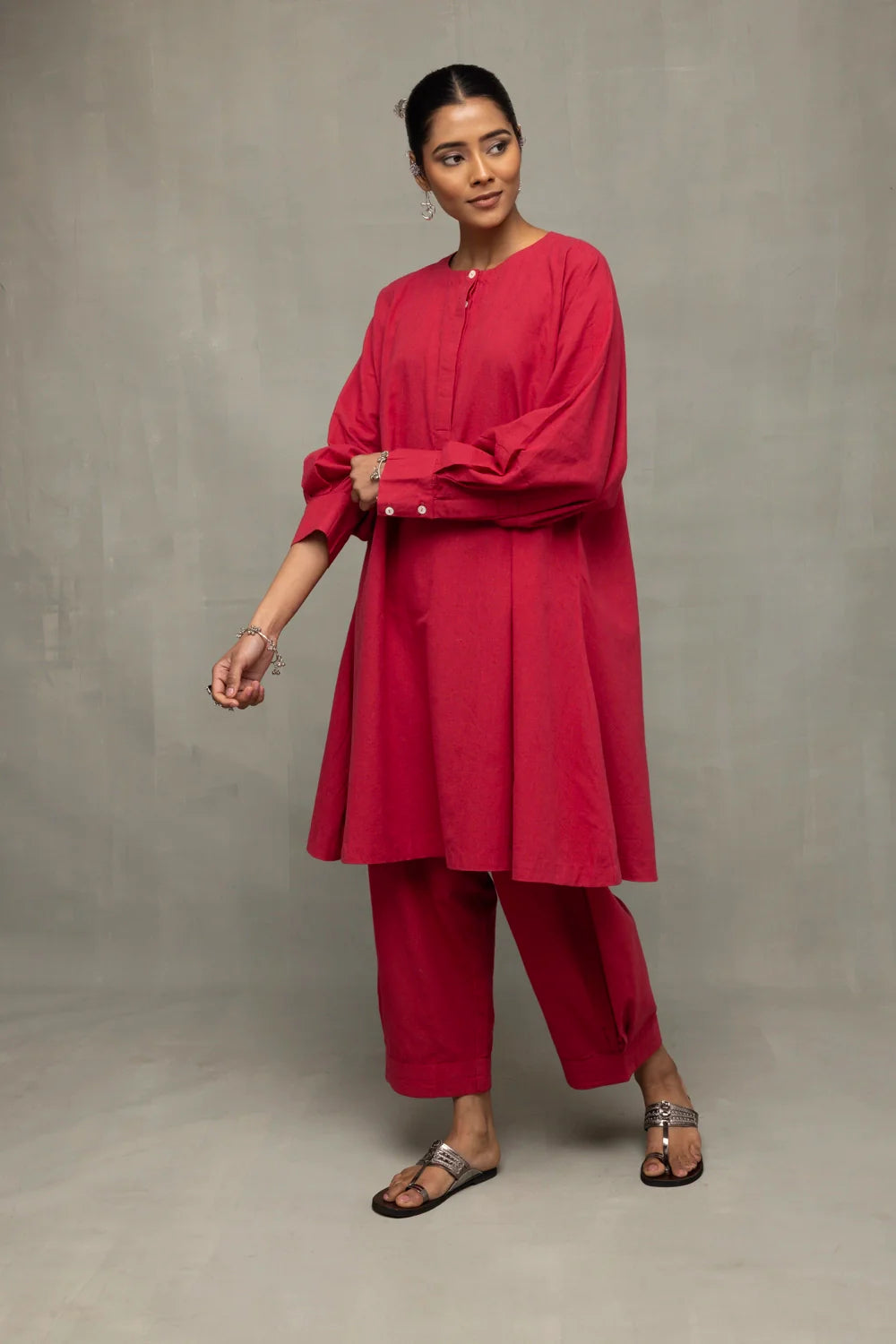 Handcrafted Crimson Red Kala Cotton Oversized Co-ord Set for Casual Wear