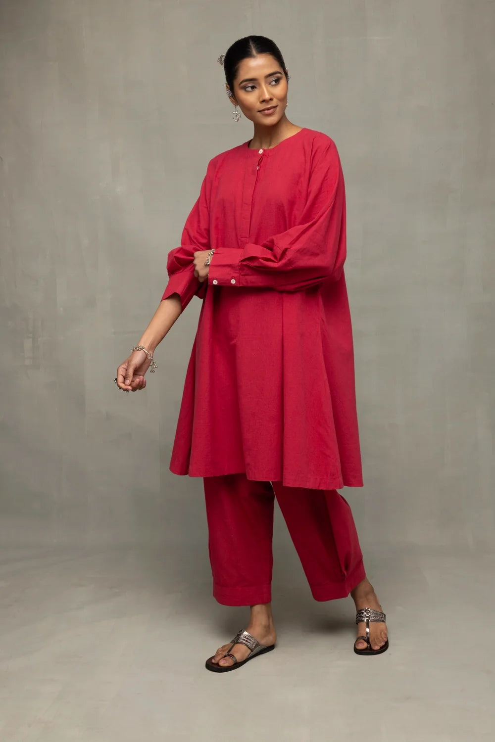 Handcrafted Crimson Red Kala Cotton Oversized Co-ord Set for Casual Wear