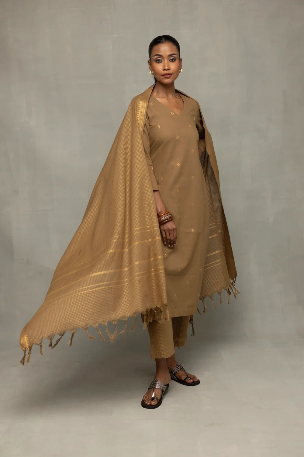 Handcrafted Damp Sand Cotton Kurta Set with Dupatta