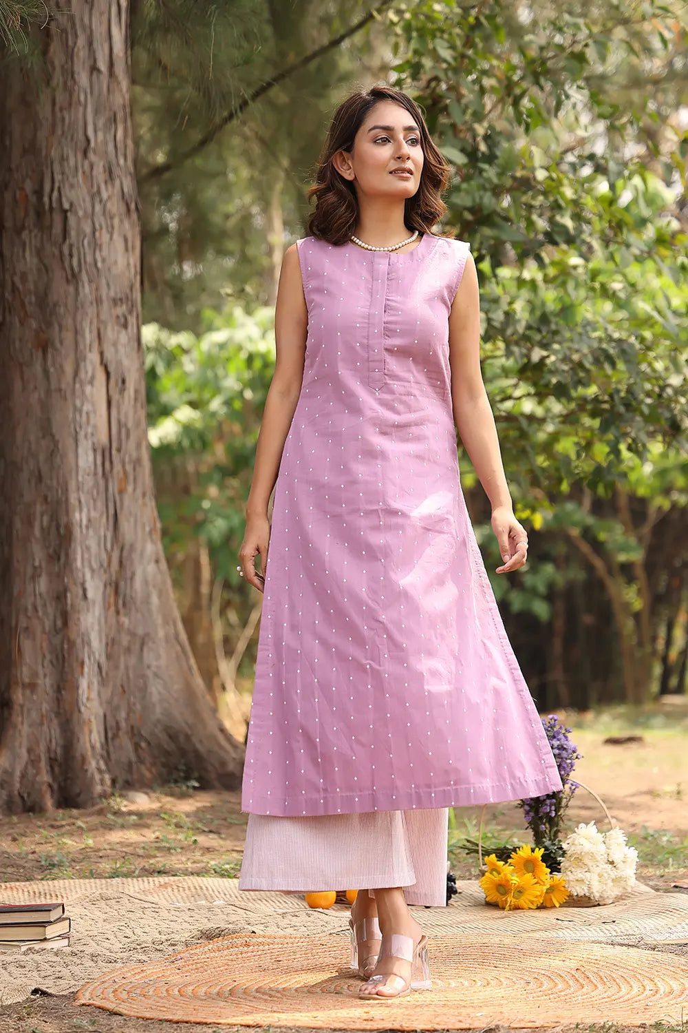 Handcrafted Lavender Pure Cotton White Polka Dots Kurta Set