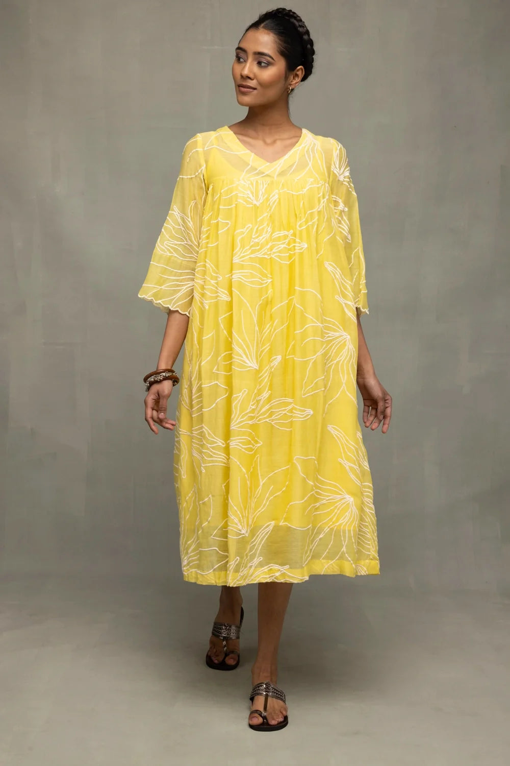 Handcrafted Lemon Light Mul Chanderi Embroidered Dress for Festive Wear