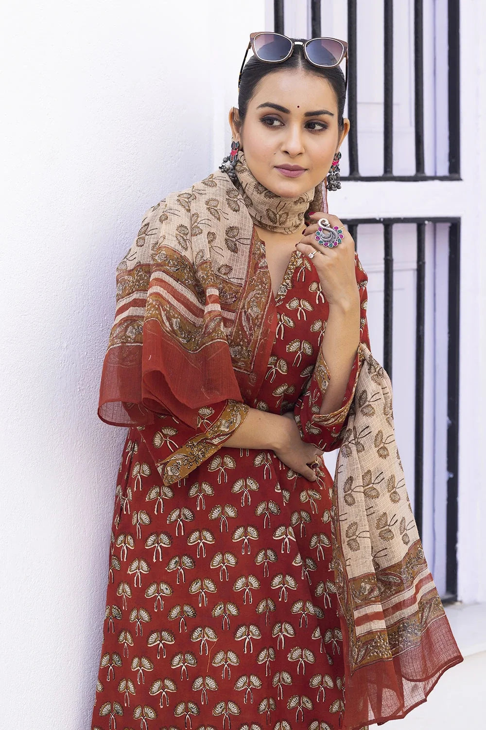 Handcrafted Maroon Block Print Cotton Kurta Set with Dupatta