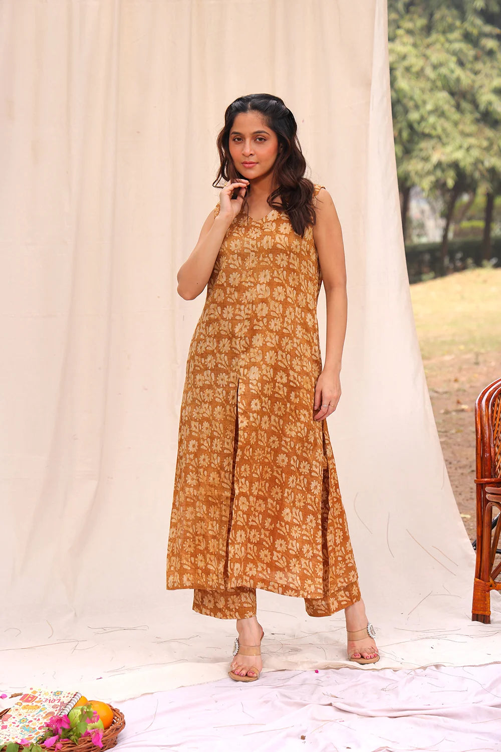 Handcrafted Mustard Yellow Batik Khadi Cotton Co-ord Set with Traditional Pattern