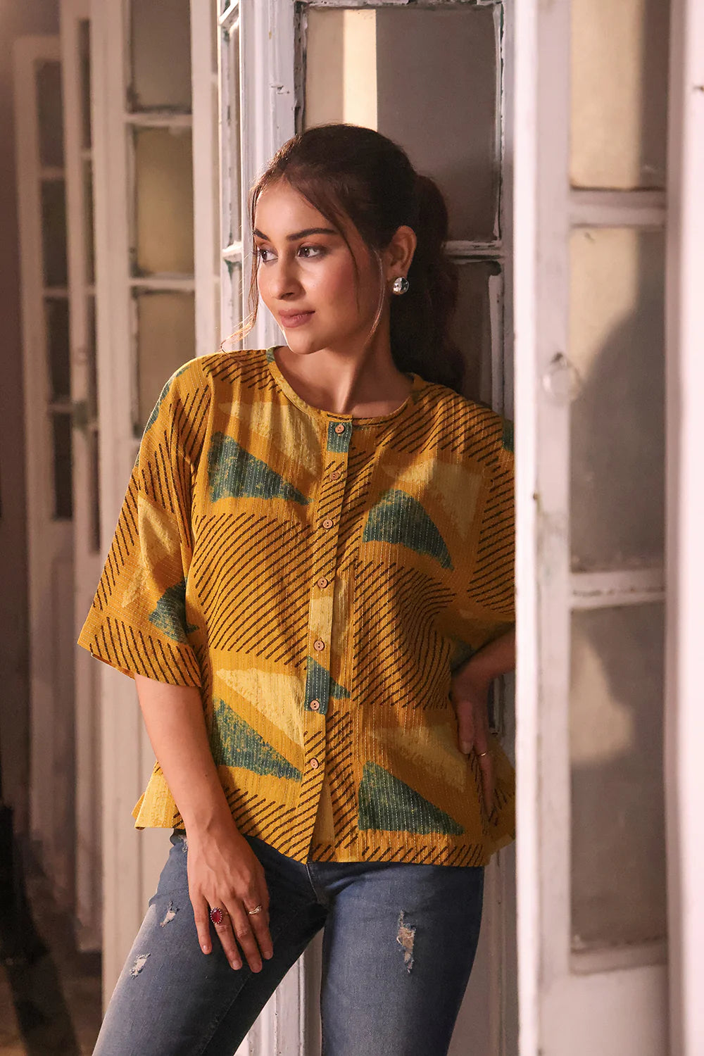 Handcrafted Mustard Yellow Cotton Ajrakh Print Shirt for Casual Everyday Wear