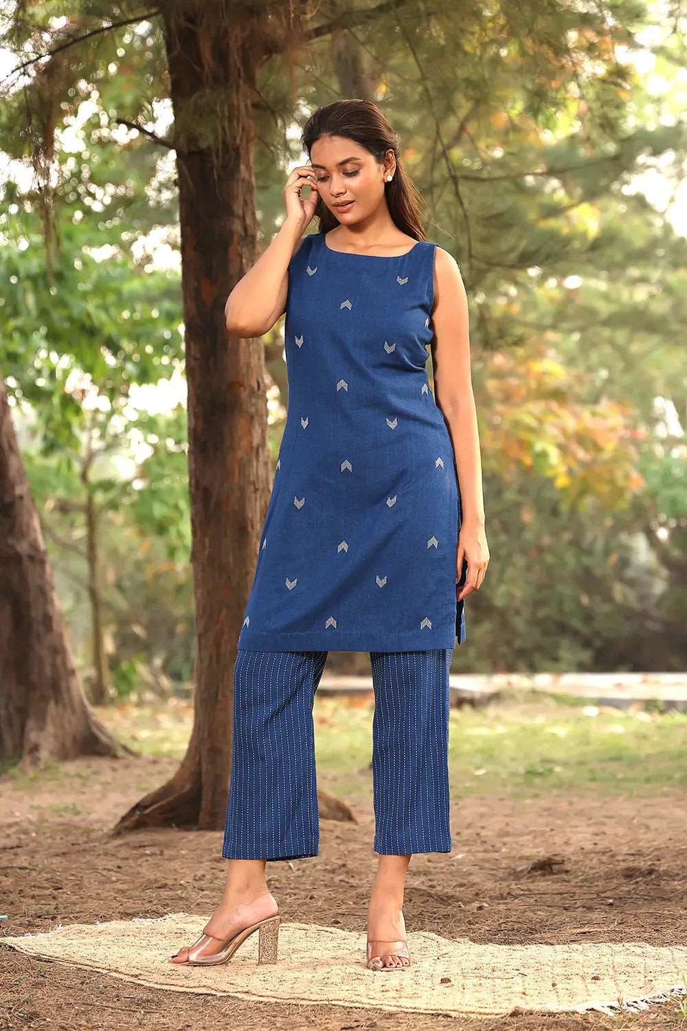 Handcrafted Navy Blue Pure Cotton Kurta with Striped Pant Co-ord Set