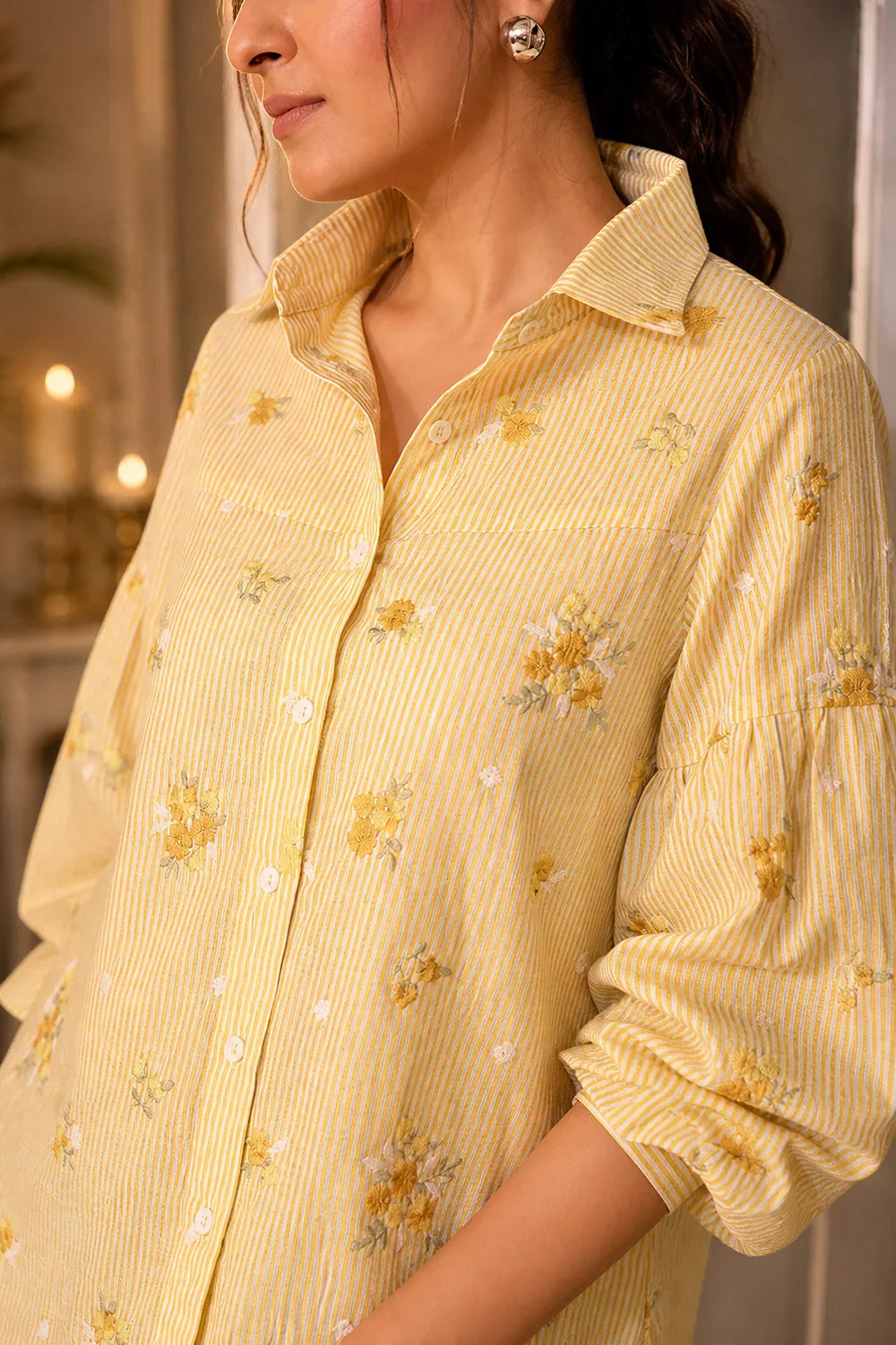 Handcrafted Pastel Yellow Pure Cotton Embroidered Shirt for Casual Everyday Wear