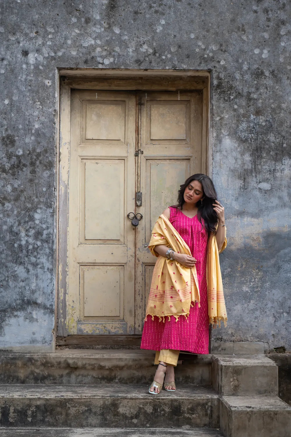 Handcrafted Pink South Cotton Woven Kurta Set with Dupatta for Office Wear