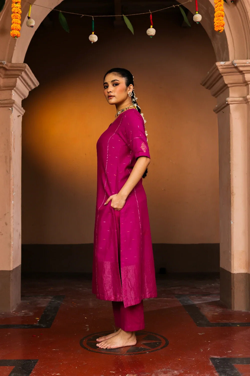 Handcrafted Rani Pink Pure Cotton Zari Jamdani Kurta Set for Office Wear