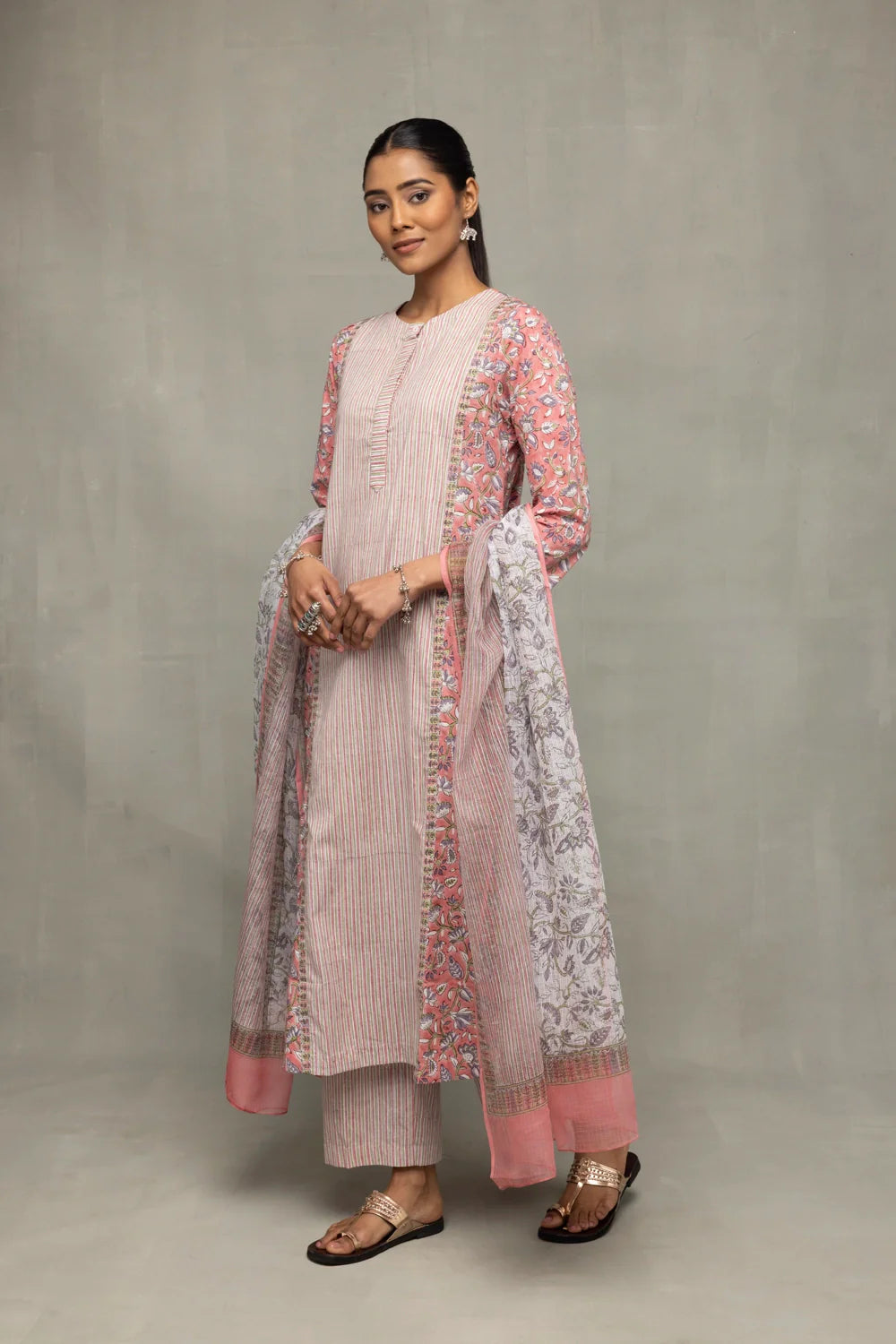 Handcrafted Salmon and Frost Block Print Cotton Kurta Set with Dupatta