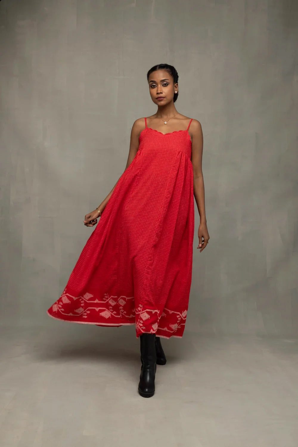 Scarlet Red Handwoven Pure Cotton Jamdani Dress-Sutra Art of Clothing