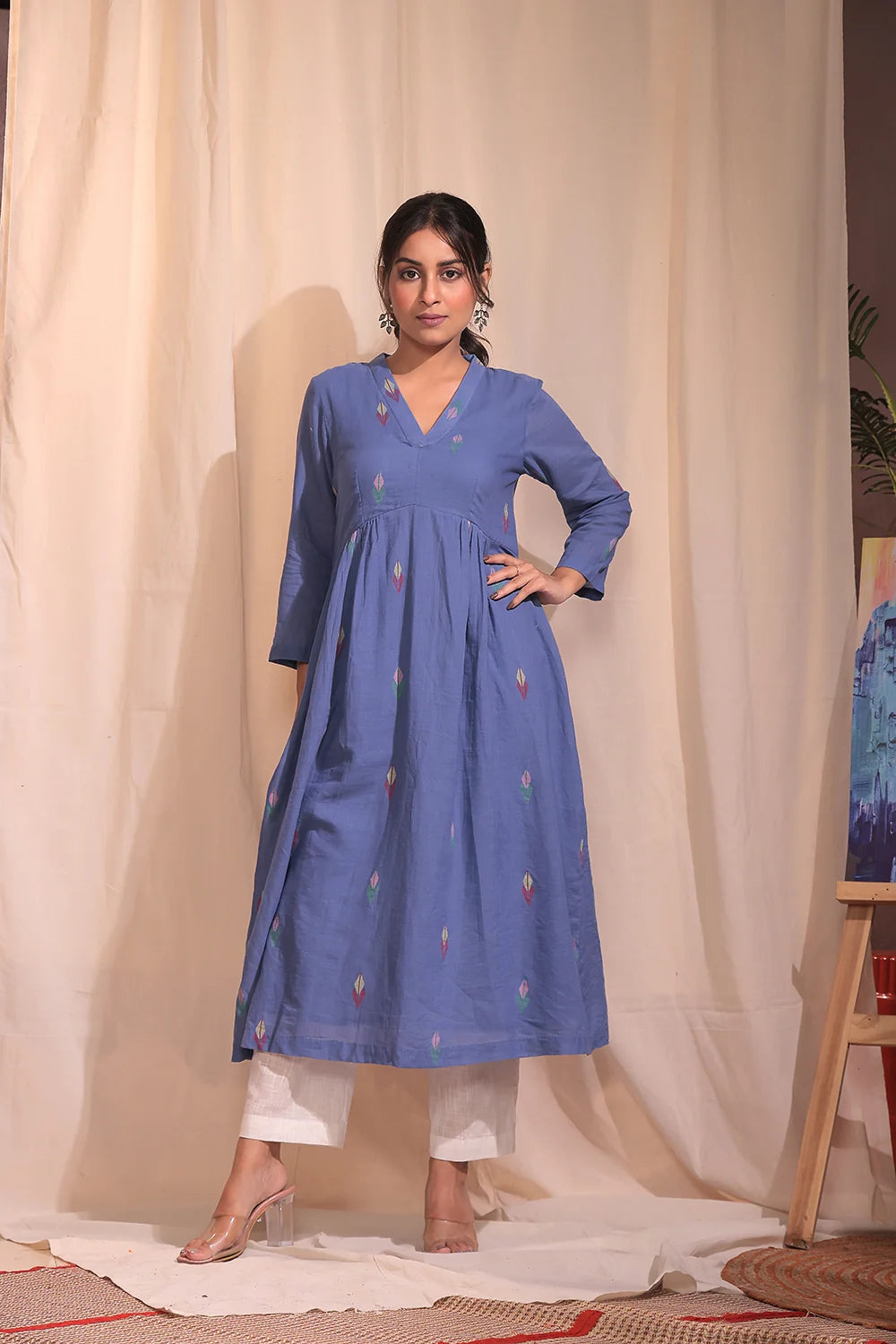 Handcrafted Sky Blue Pure Cotton Jamdani Kurta Set for Casual Wear