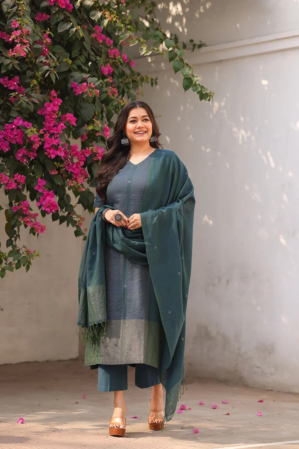 Handcrafted Teal Pure Cotton Jamdani Kurta Set with Zari Dupatta