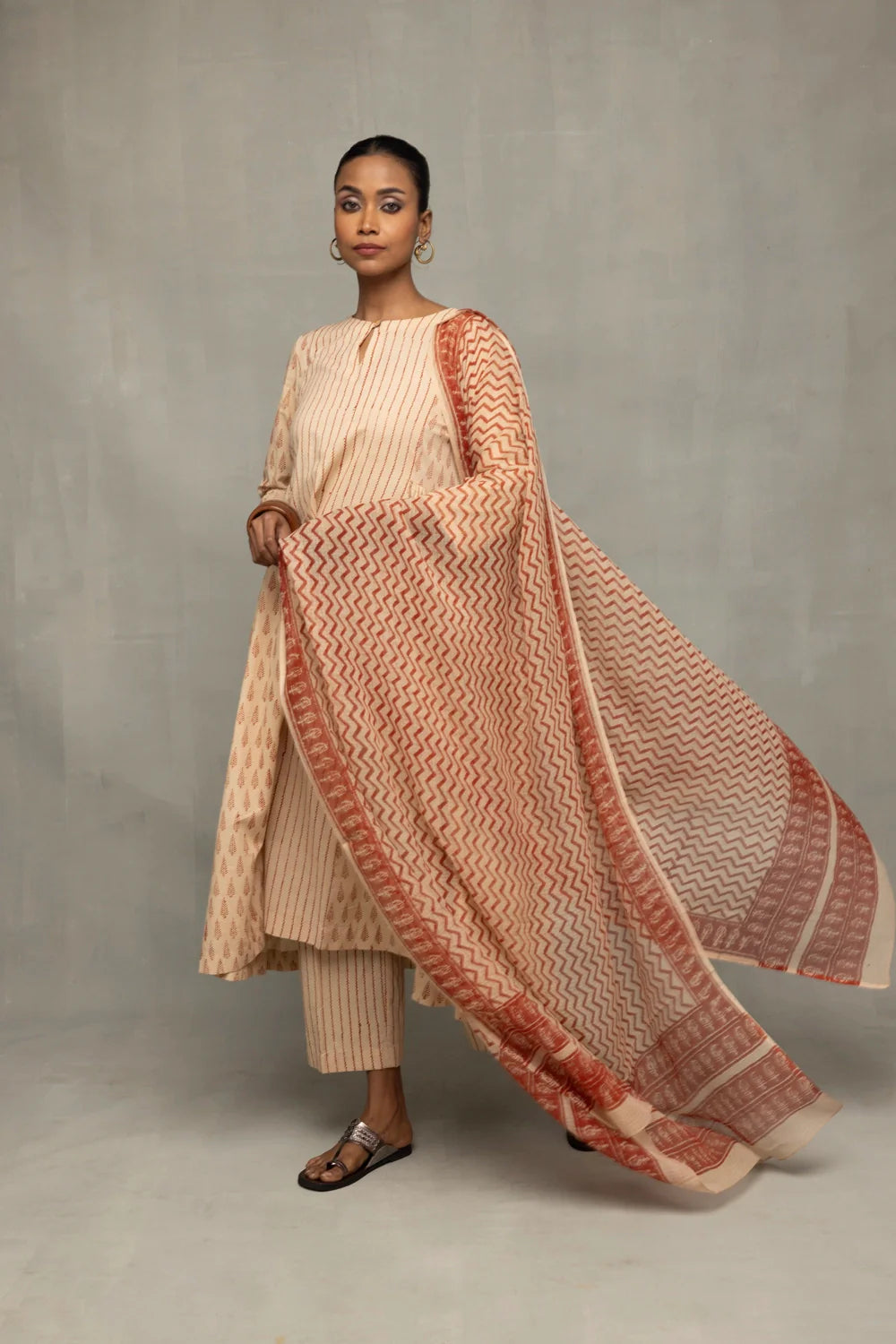 Handcrafted Terracotta and Cream Block Print Cotton Kurta Set with Dupatta