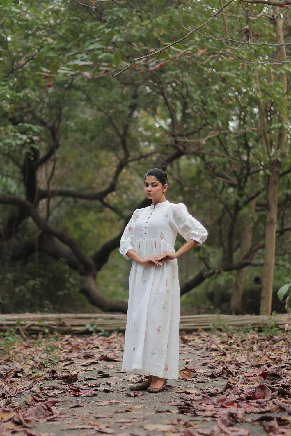 Handcrafted Whimsy White Cotton Jamdani Dress for Casual Wear