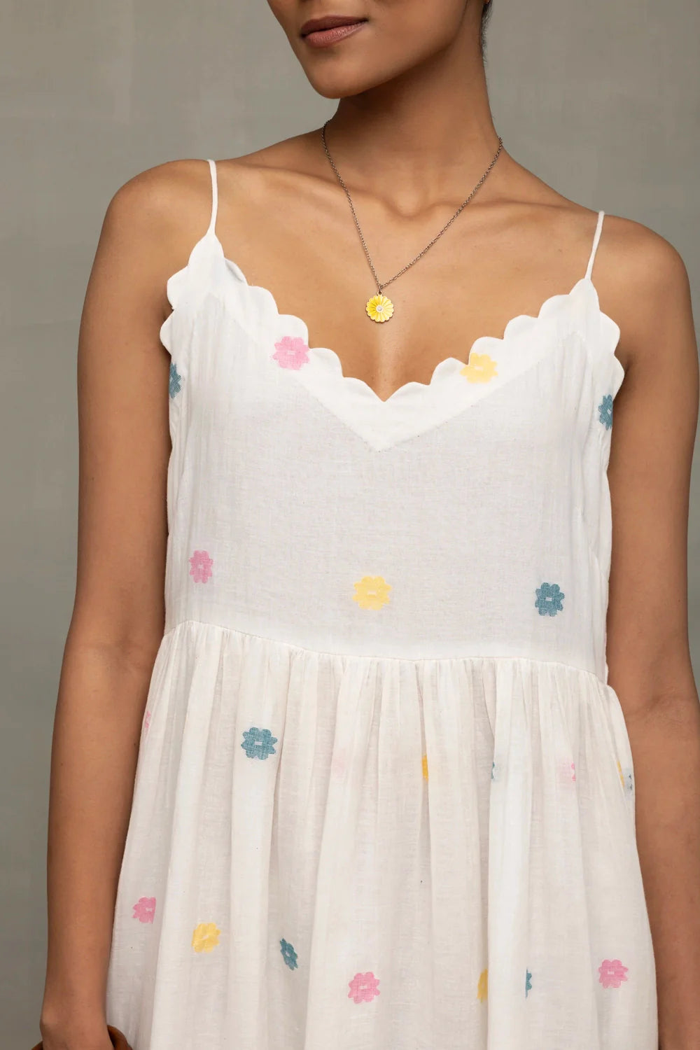 Handcrafted White Cotton Jamdani Dress with Gulrang Floral Motifs