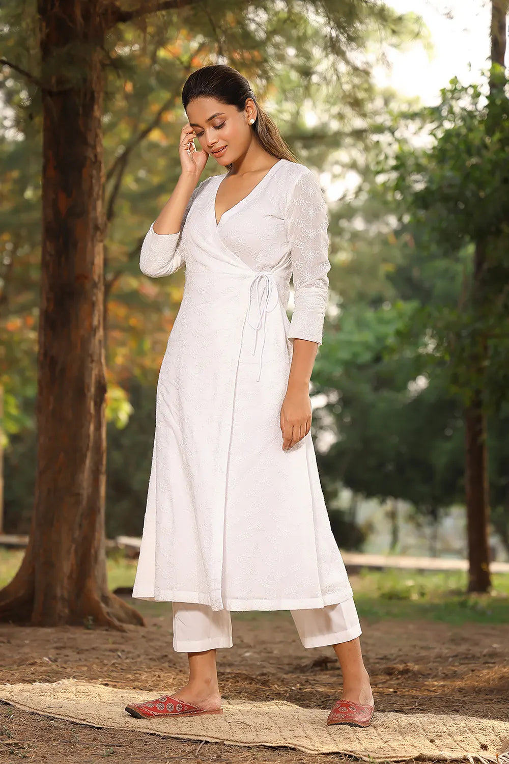 Handcrafted White Pure Cotton Angrakha with Dori Tie Up Kurta Pant Set