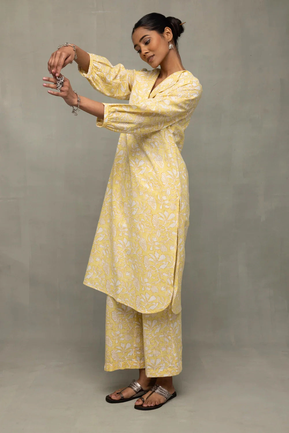 Yellow Gul Jaal Hand Block Print Co-Ord Set-Sutra Art of Clothing