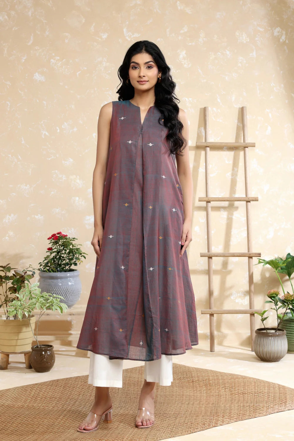 Handloom Brown Duo Tone Soft Cotton Jamdani Kurta Set-Sutra Art of Clothing