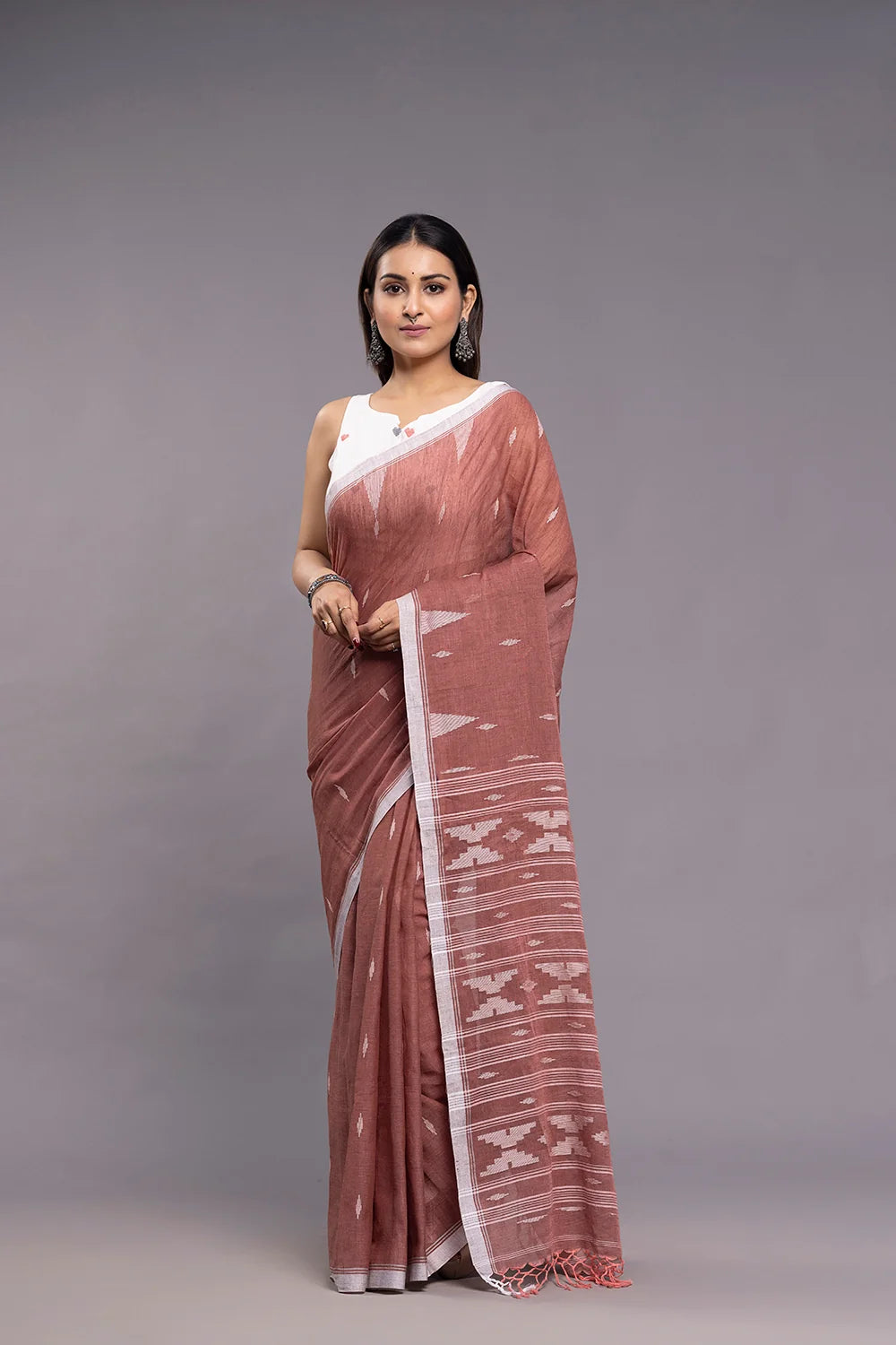 Handloom Coral Pink Soft Cotton Jamdani Saree