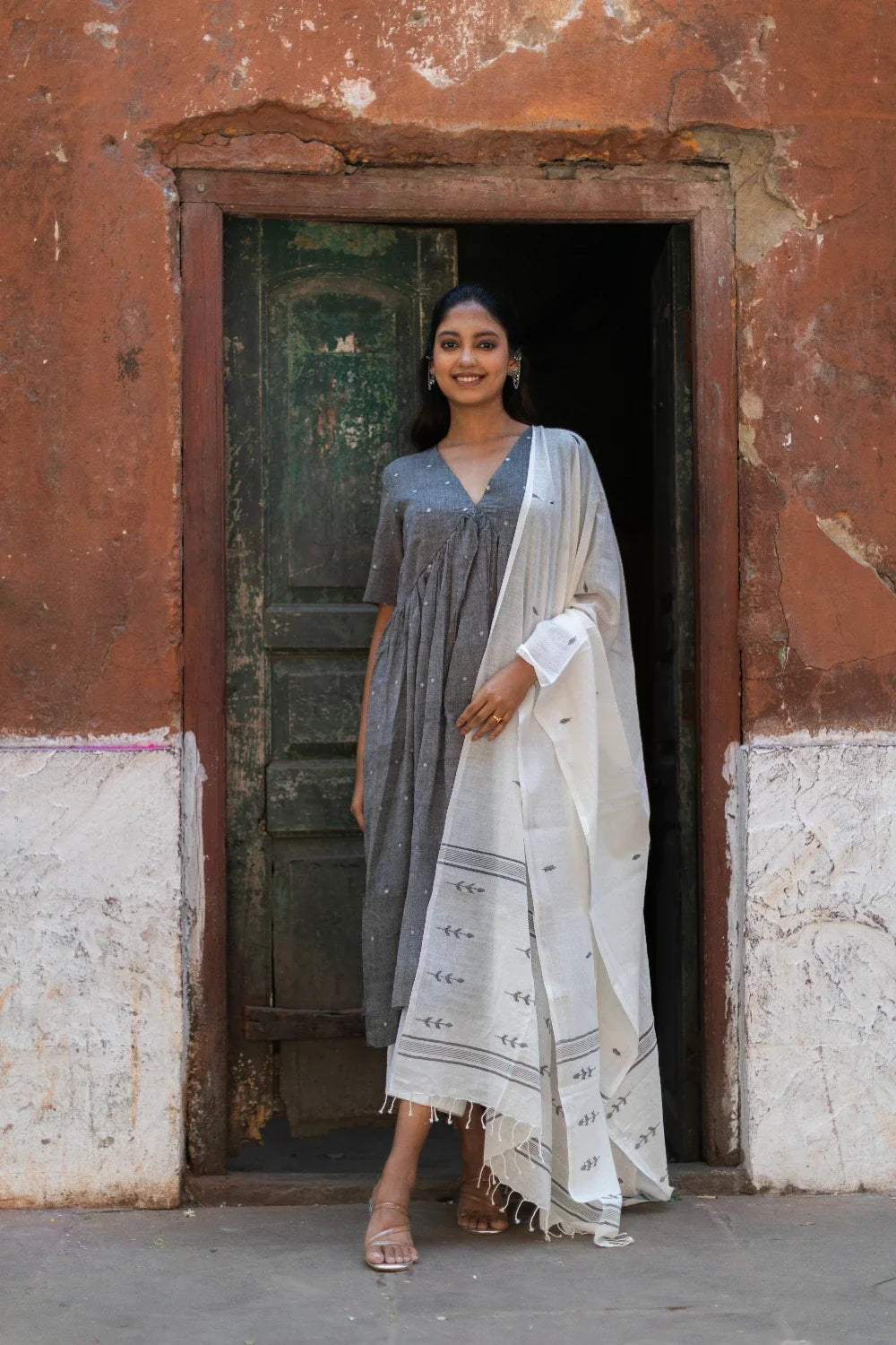 Handloom Grey Soft Cotton Jamdani Kurta Set