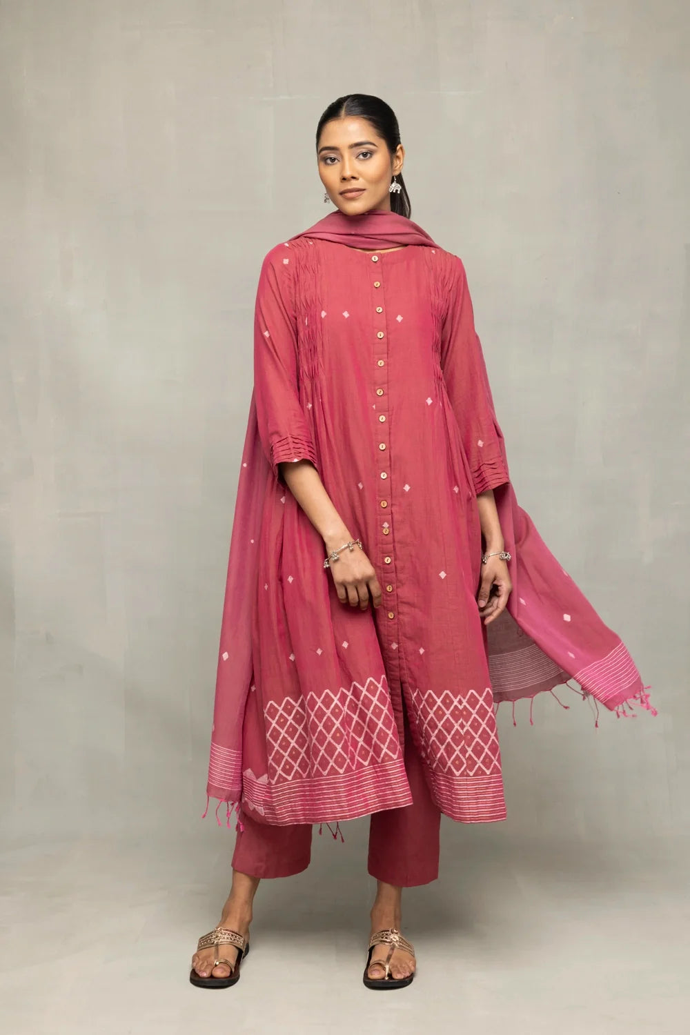 Handloom Pink Pure Cotton Jamdani Kurta Set with Dupatta