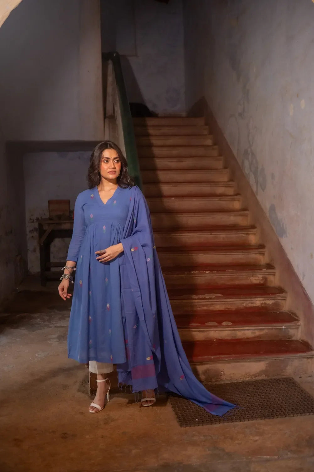 Handloom Sky Blue Pure Cotton Jamdani Kurta Set