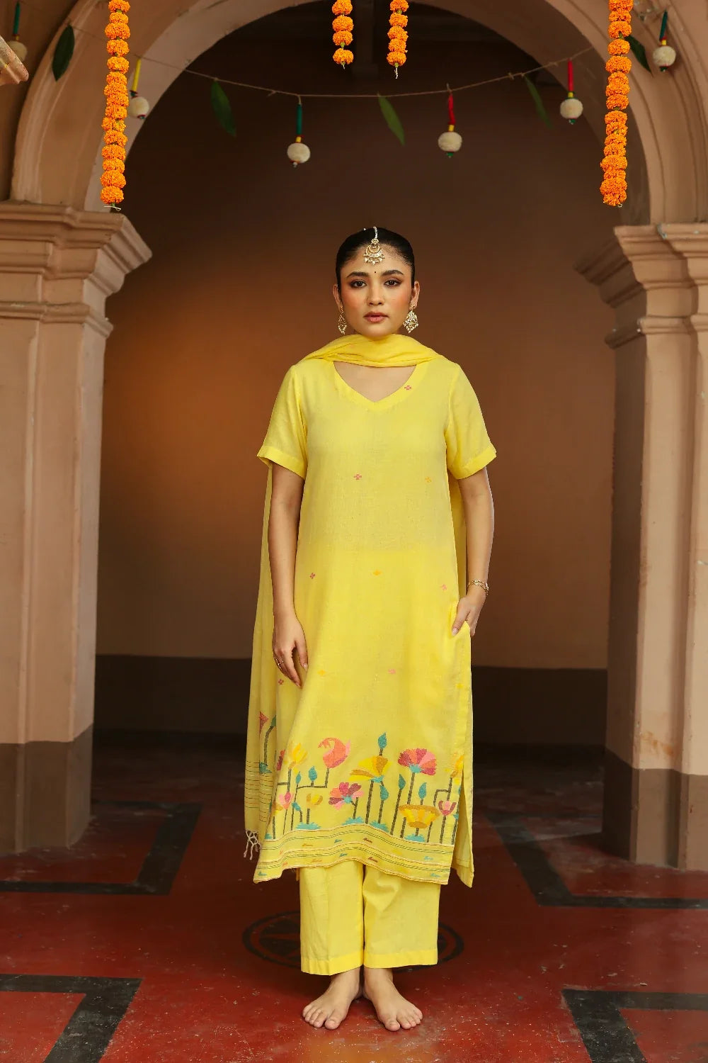 Handloom Yellow Pure Cotton Jamdani Kurta Set with Dupatta