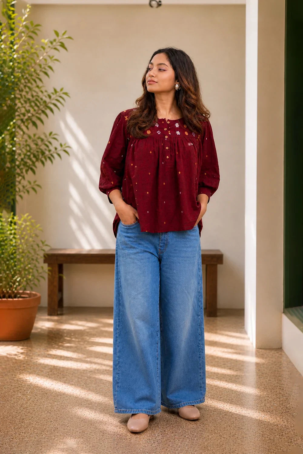 Handwoven Amara Wine Jamdani Top for Casual Everyday Wear