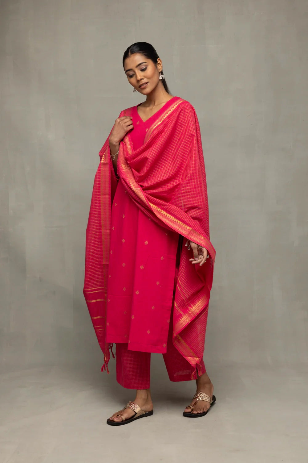 Handwoven Amaranth South Cotton Kurta Set with Traditional Weave