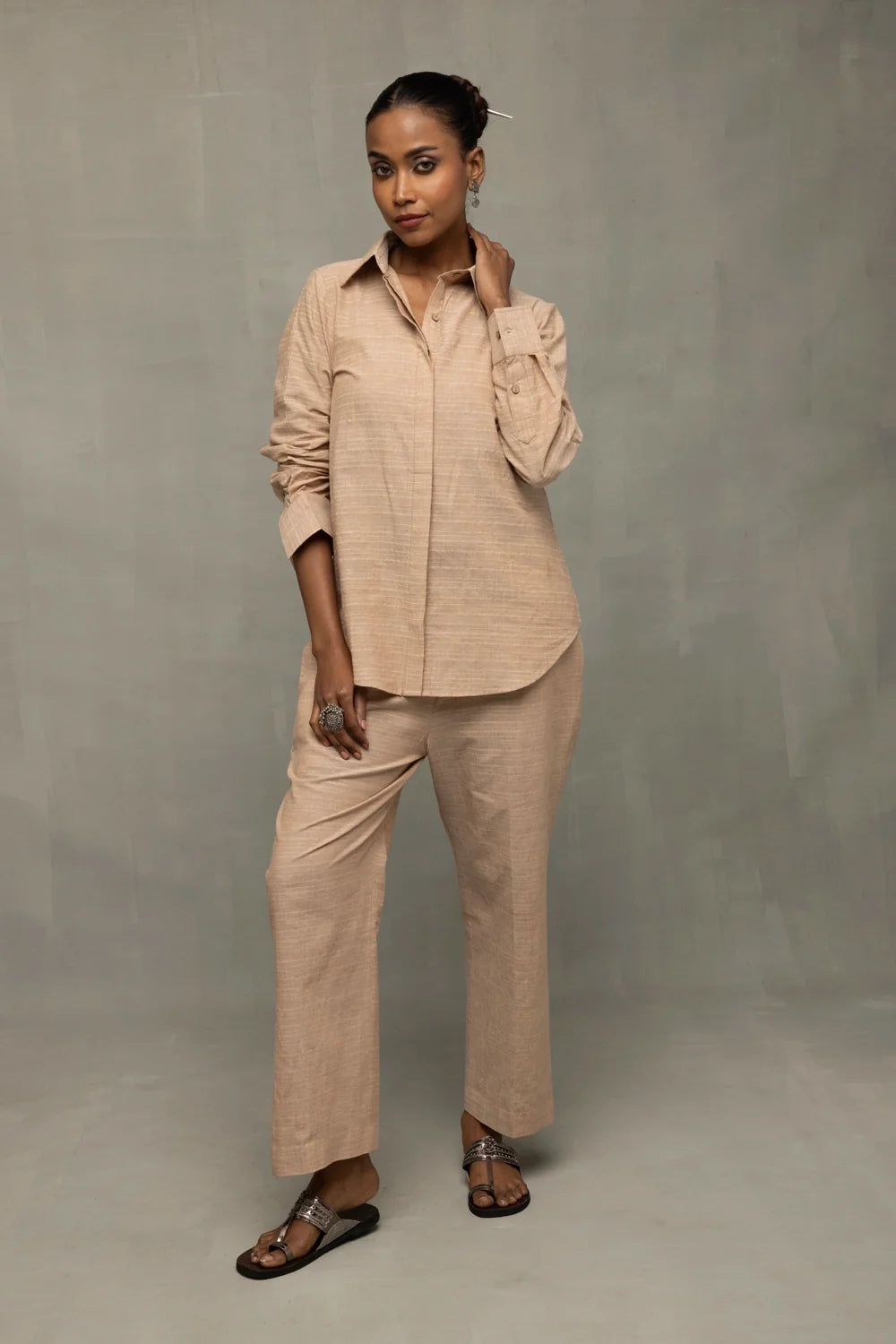 Handwoven Beige Pure South Cotton Co-ord Set with Traditional Weave