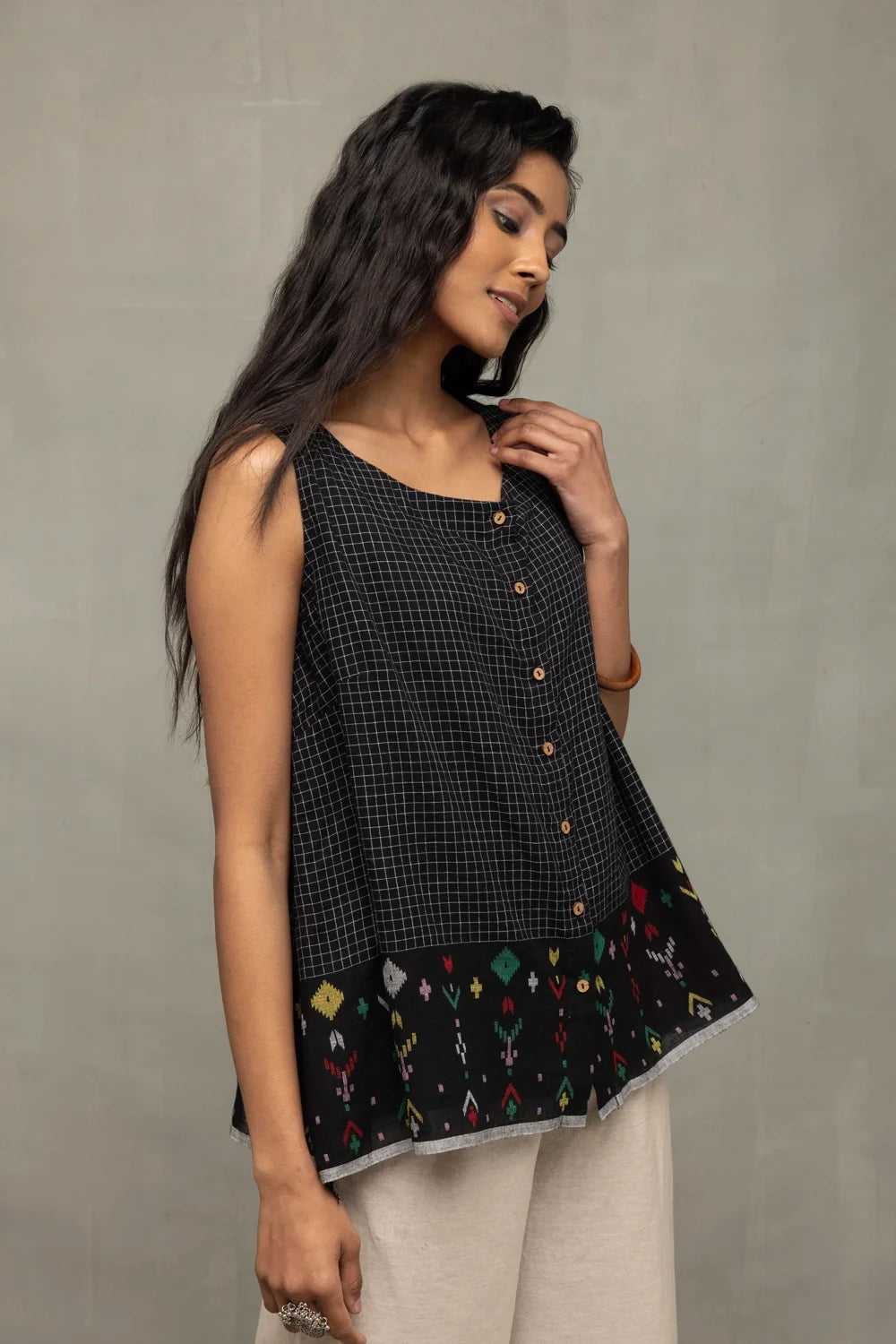 Handwoven Black Checks Jamdani Top for Casual Everyday Wear